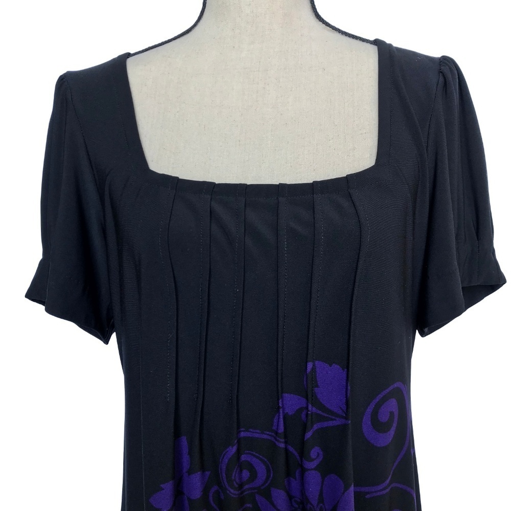 Black and Purple Floral Midi Dress with Square Neckline